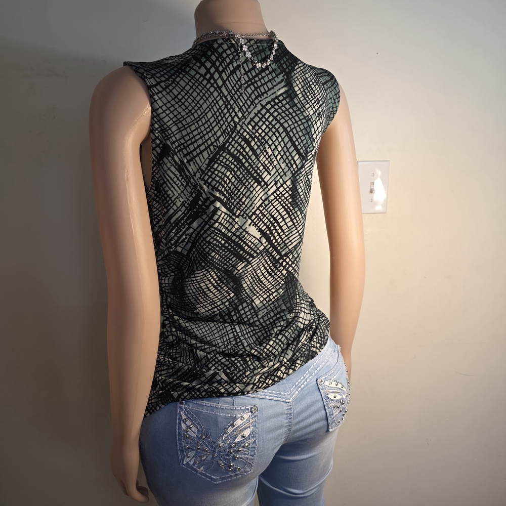 Tahari Black and Green Printed Sleeveless Cowl Neck Top - Picture 3 of 4